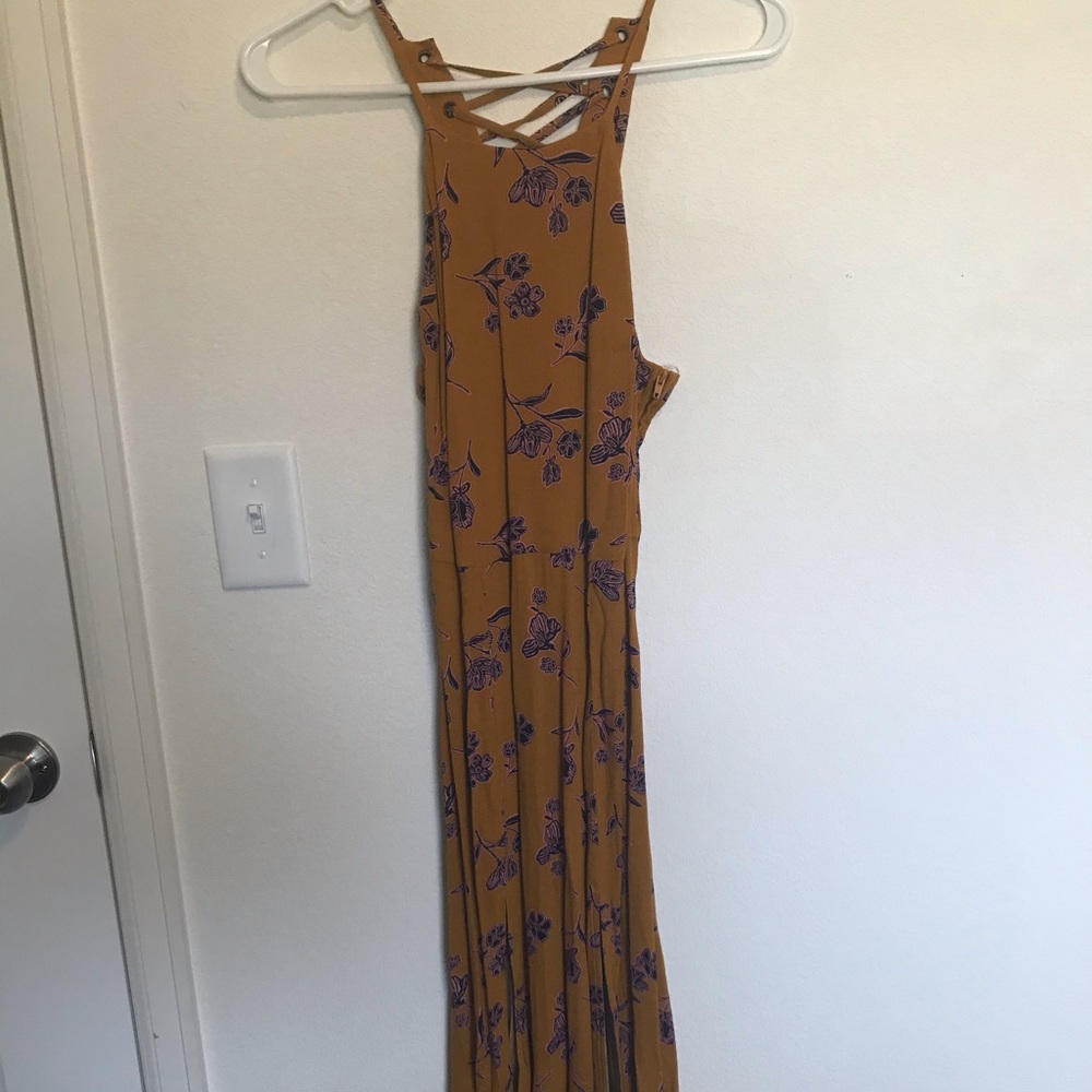 Yellow/blue leaf midi dress